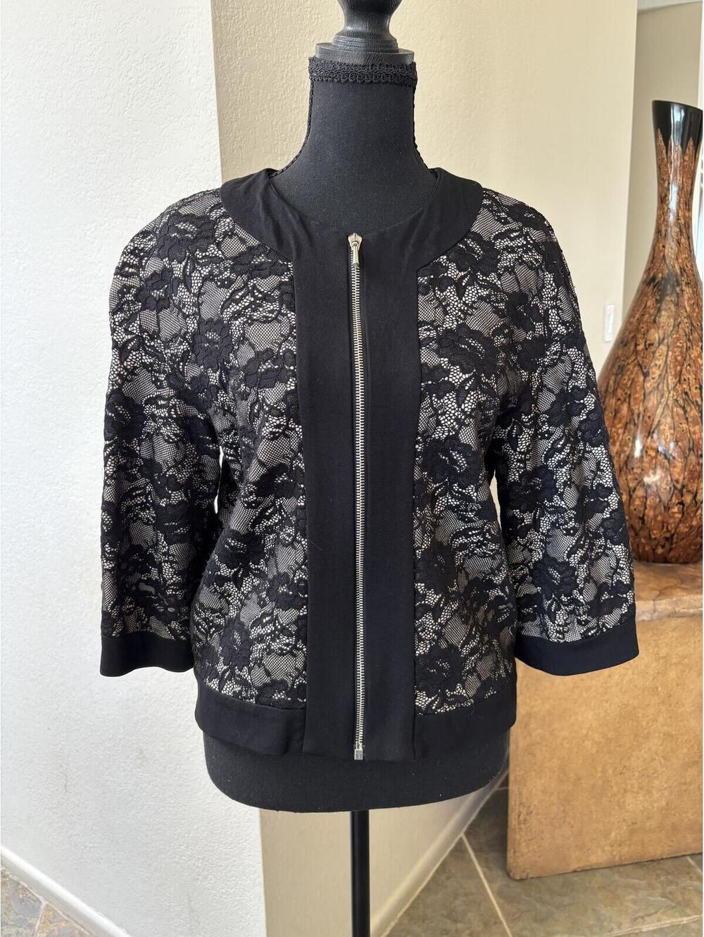 AMO Black Lace Zip-Front Cardigan Jacket Size 8